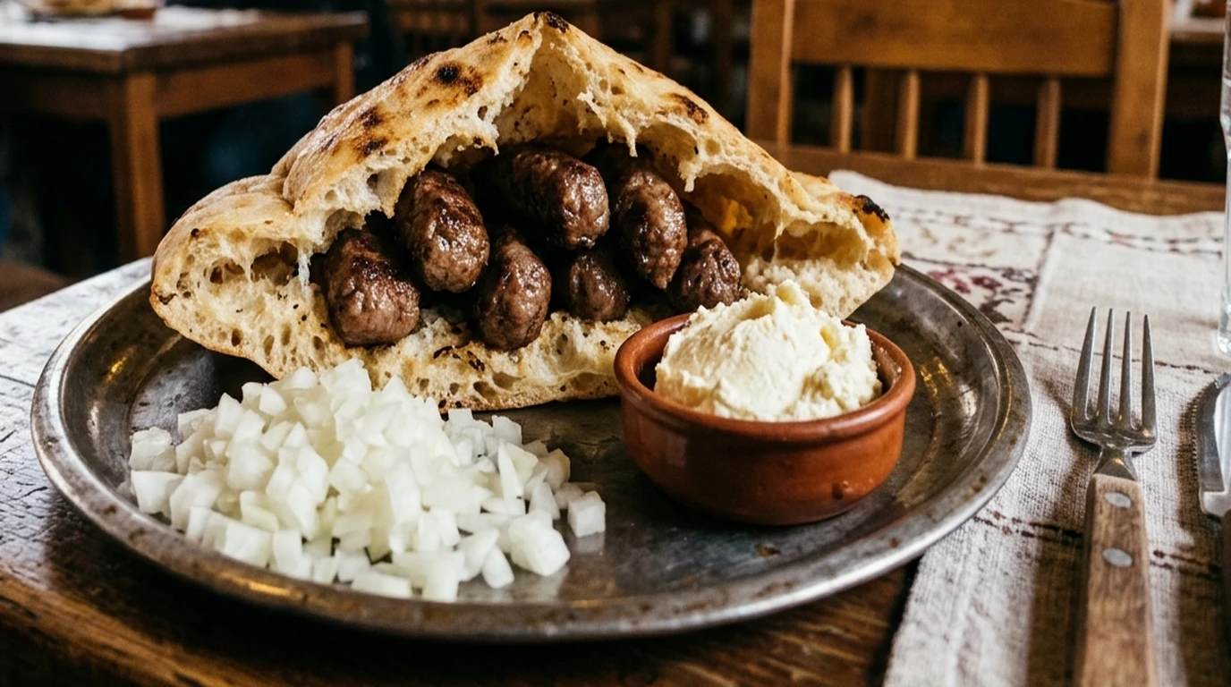Close-up of a rustic wooden dining table with a bowl of kajmak, onions, and somun bread.