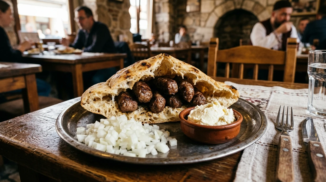 A traditional metal platter holding seasoned ćevapi sausages inside somun bread with raw onions and kajmak dairy spread.