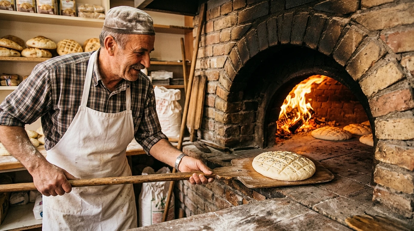 Baker loading round scored somun dough into a flaming stone brick bakery oven.