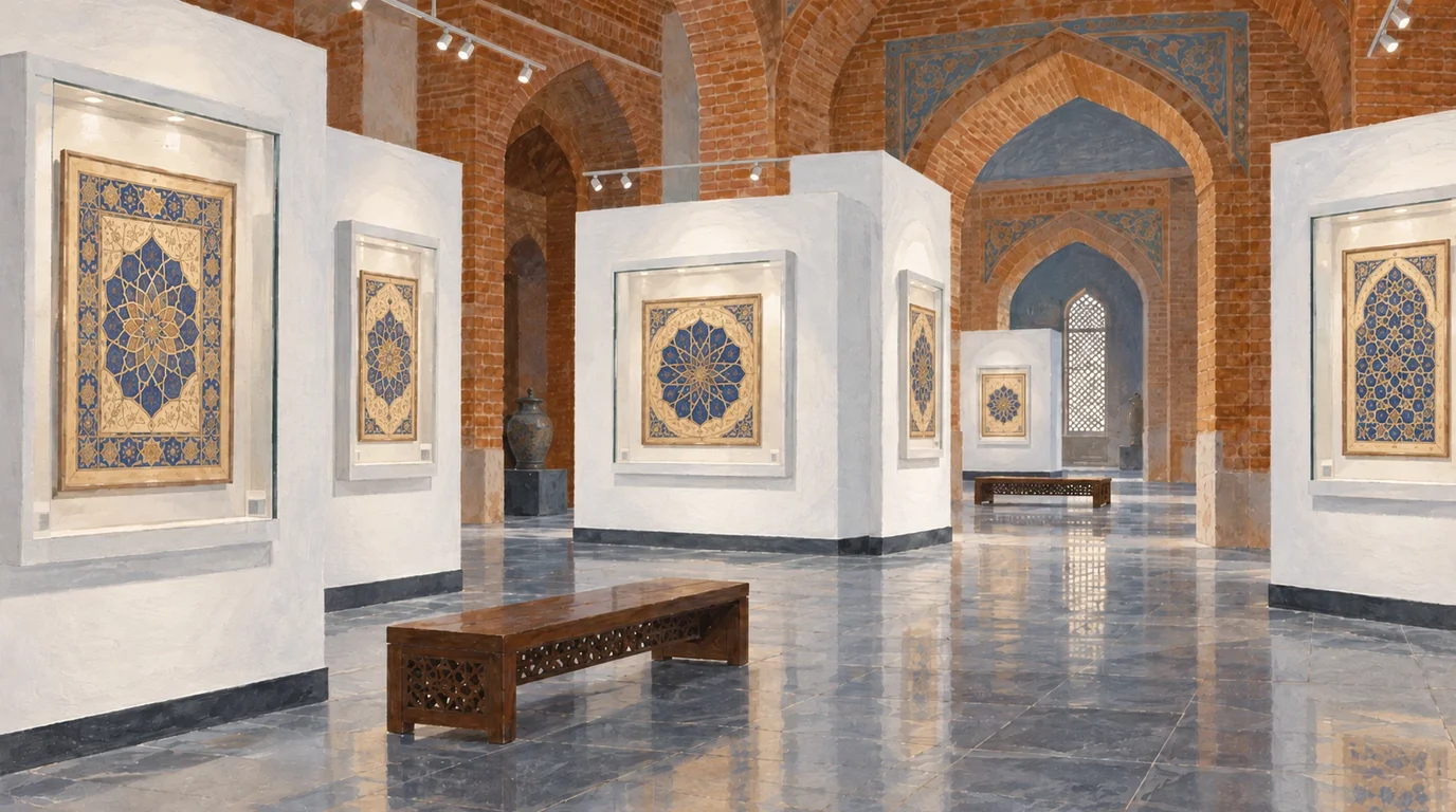 Modern art gallery space featuring contemporary paintings, sculptures, and architectural design drawings under track lighting.