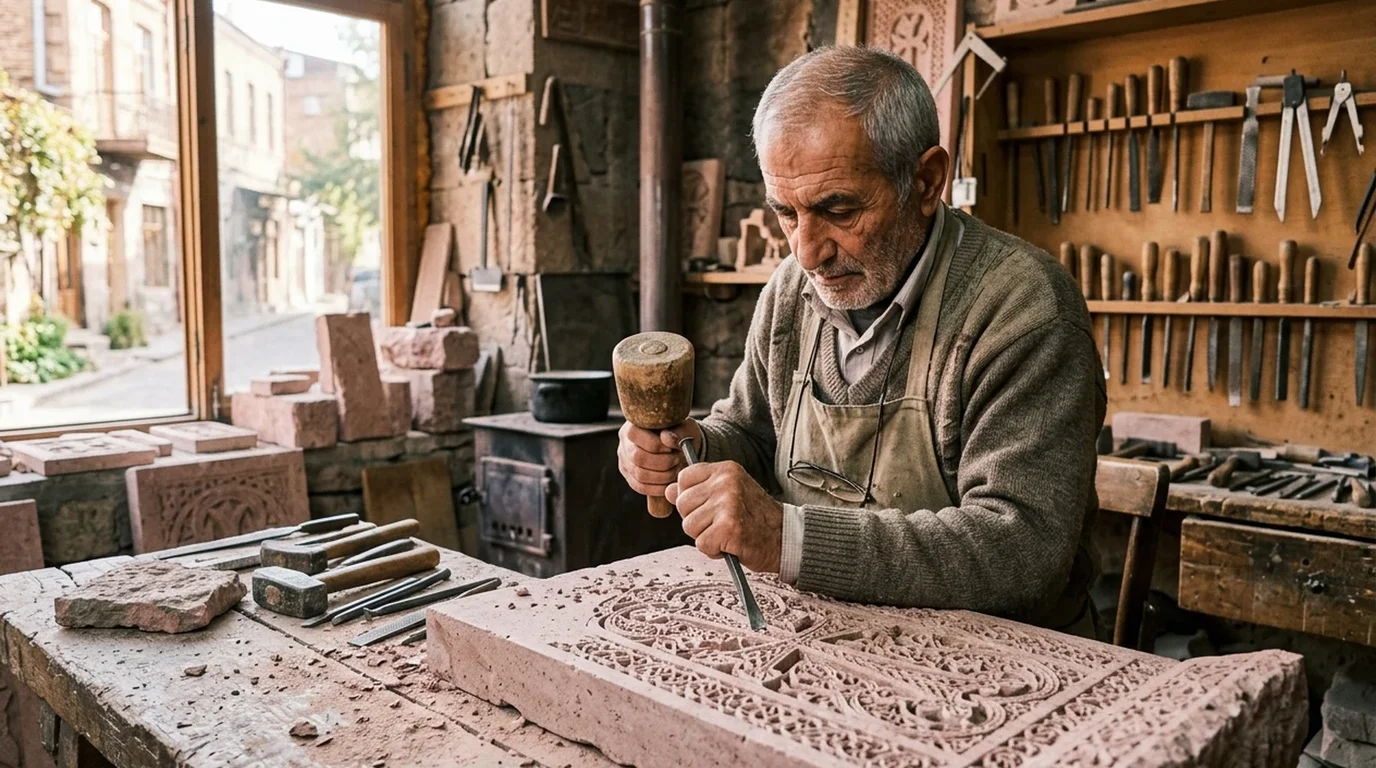 A master stonemason using steel chisels and mallets to shape massive carved stone architectural blocks in an artisan workshop.
