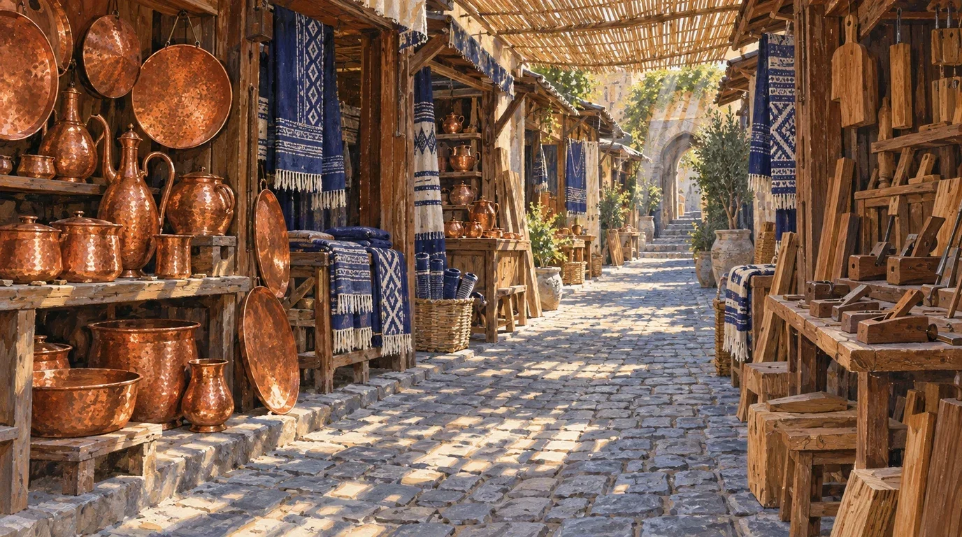 Artisan metalworking stalls with rows of hand-hammered copper vessels, pots, and traditional coffee sets.