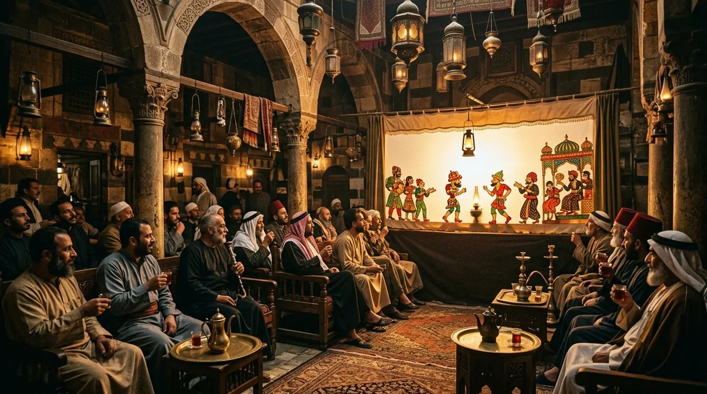 People seated at small wooden tables in a historic coffeehouse setting engaging in lively communal conversation.