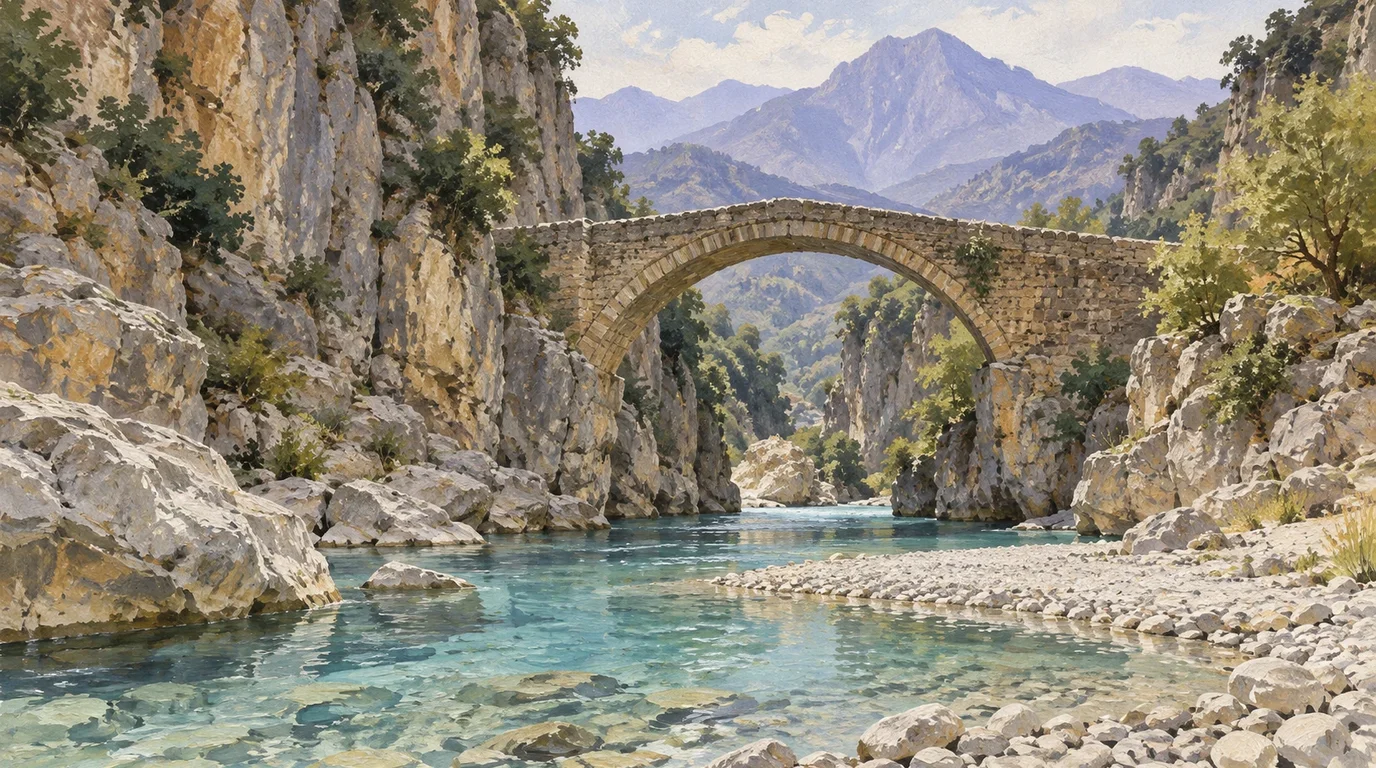 A deep natural canyon with steep rocky limestone cliffs flanking an emerald green river under bright clear daylight.