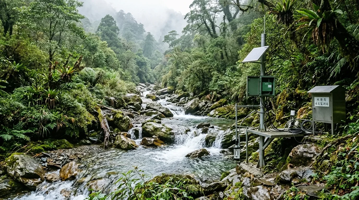 Clear turquoise mountain stream flowing through verdant moss-covered riverbanks and natural limestone tufa rock formations.