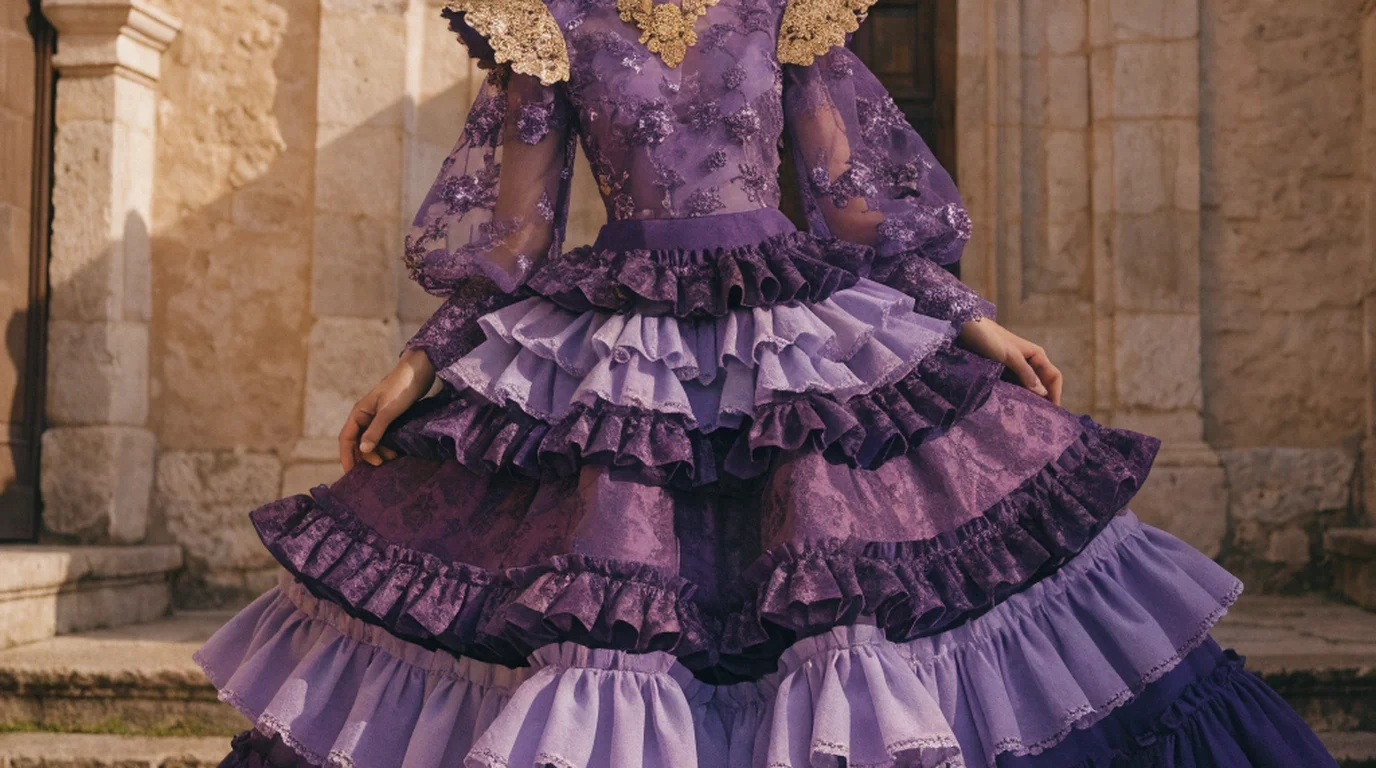Folk costume ensemble showcasing rich embroidered details on linen sleeves, bodice, and traditional regional accessories.
