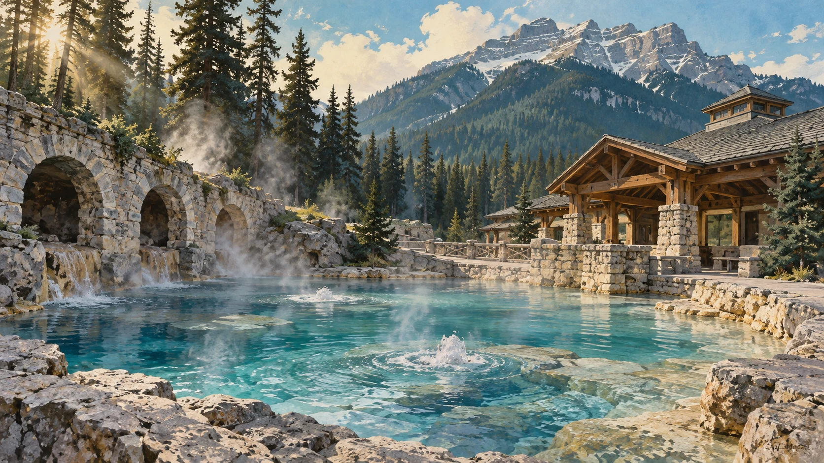 A scenic view of the historic Cave and Basin thermal springs bathhouse in Banff.
