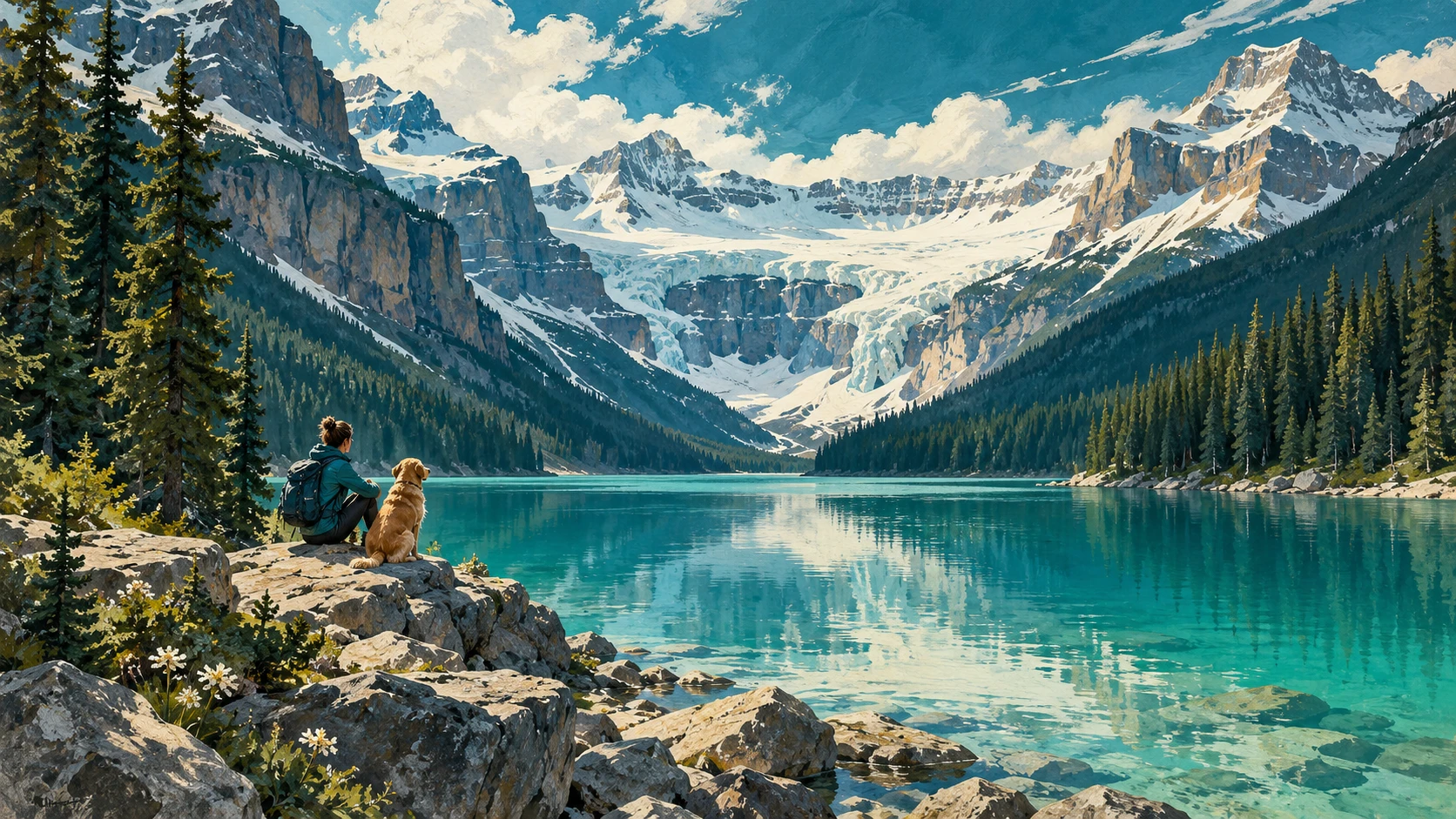 A wide scenic landscape of Lake Louise surrounded by glaciated Rocky Mountain peaks.