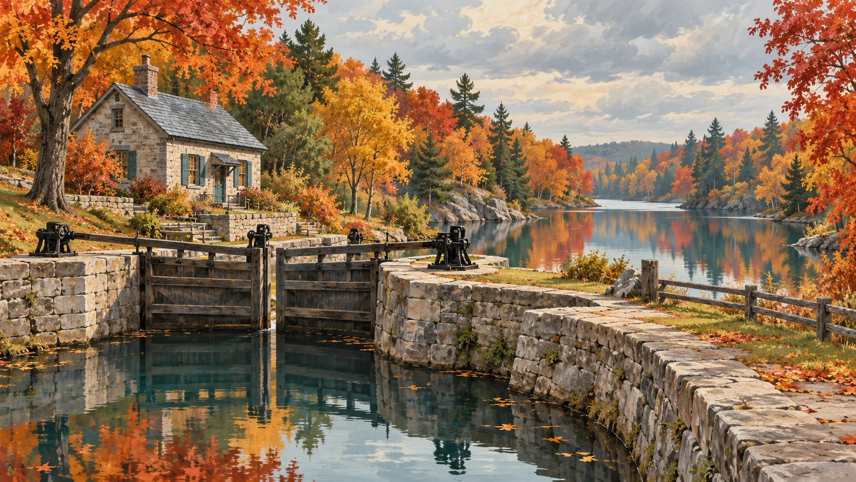 A wide scenic view of the historic limestone locks and lockstations on the Rideau Canal.