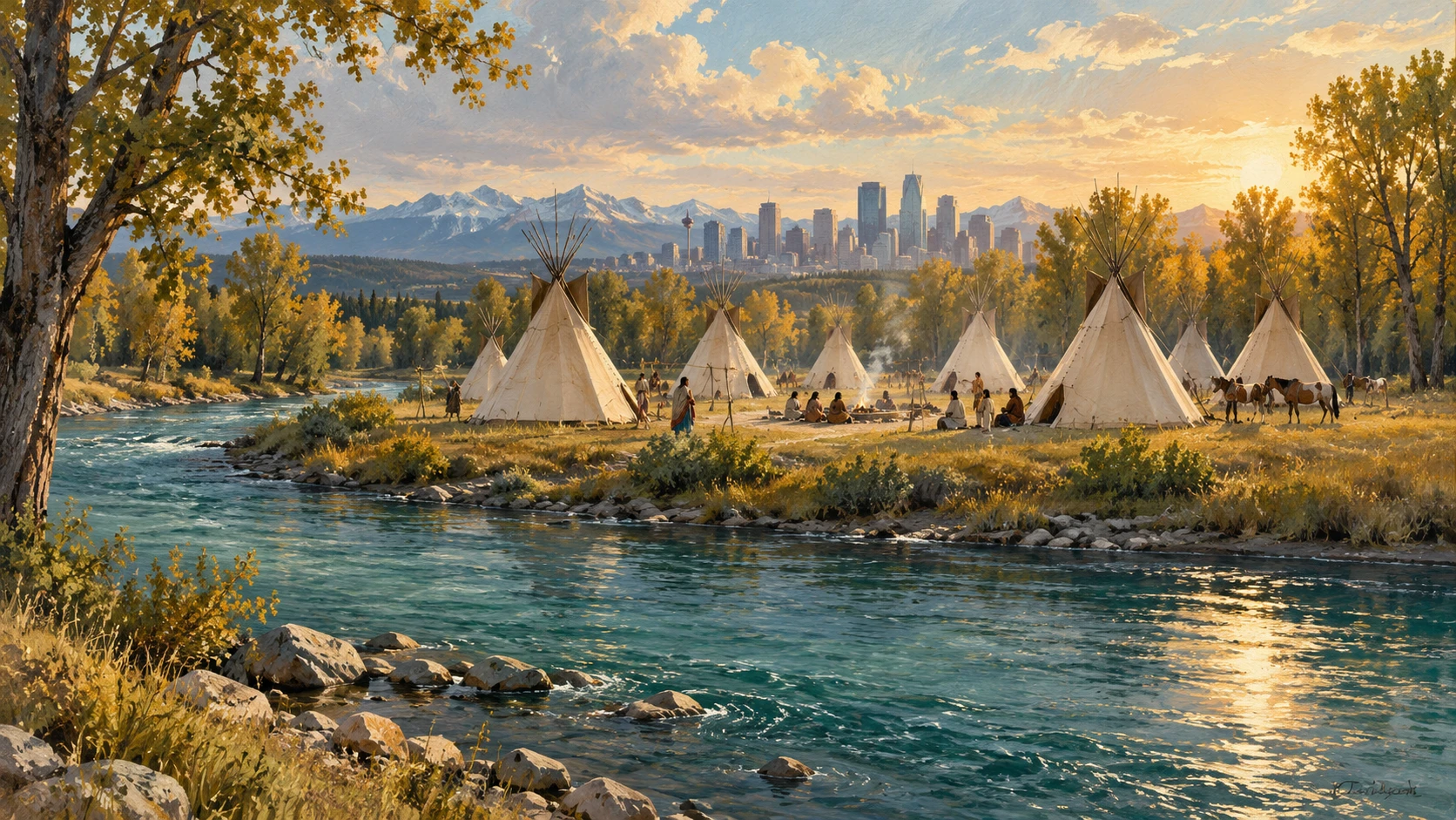 Traditional tipis along the Elbow River in Stampede Park.