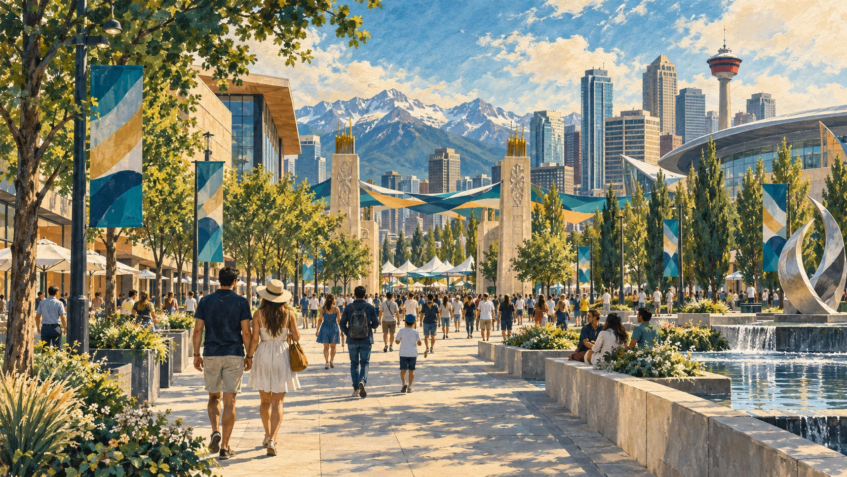 Lively pedestrian boulevard along Olympic Way in Calgary.