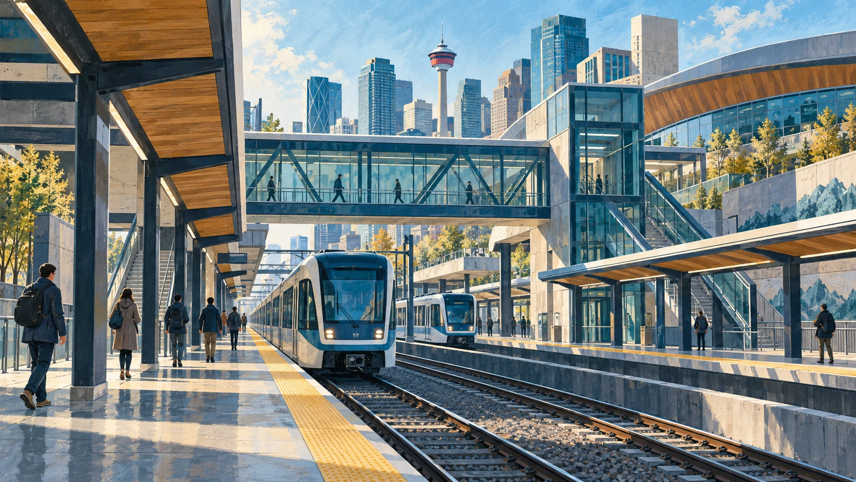 Modern transit platform at Victoria Park / Stampede station.
