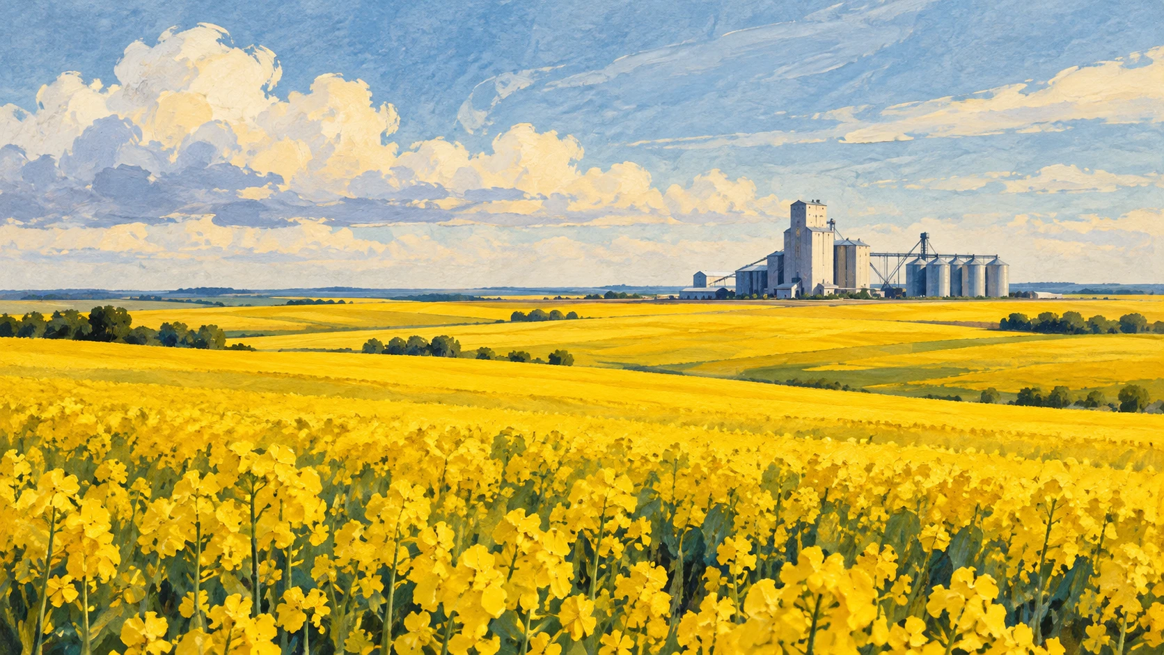 Wide landscape illustration of a modern canola crushing and processing complex on the Canadian prairies.