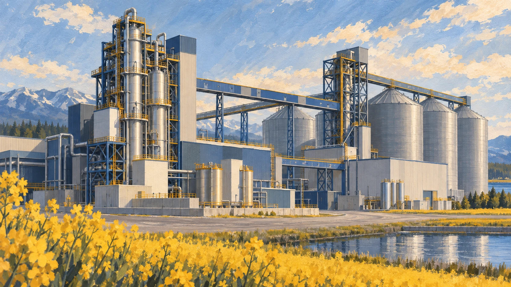 Wide architectural illustration of the industrial extraction and refining facility at a canola plant.