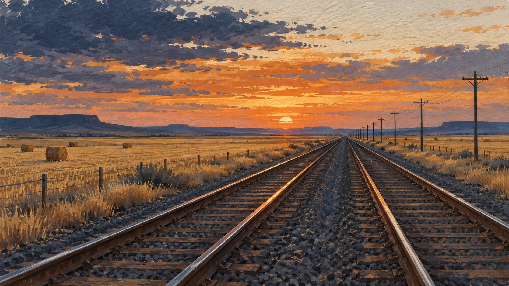 Wide landscape illustration of bulk freight rail cars loading vegetable oil and meal at an industrial spur.