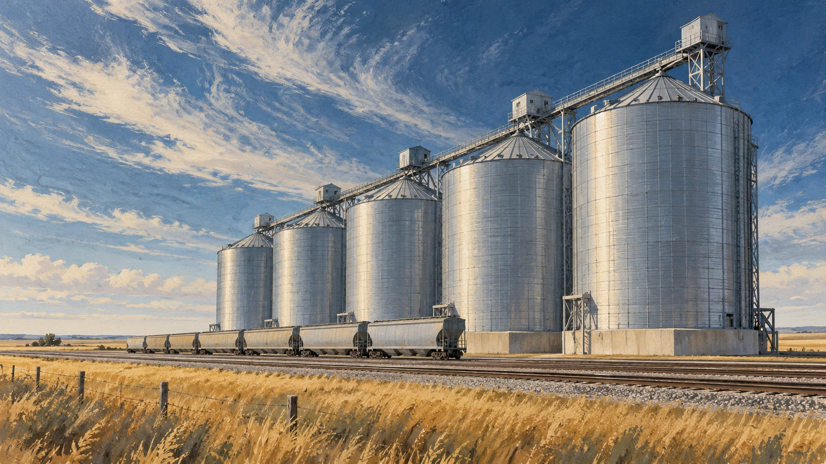Wide architectural illustration of concrete grain elevators and bulk storage silos holding canola seed.
