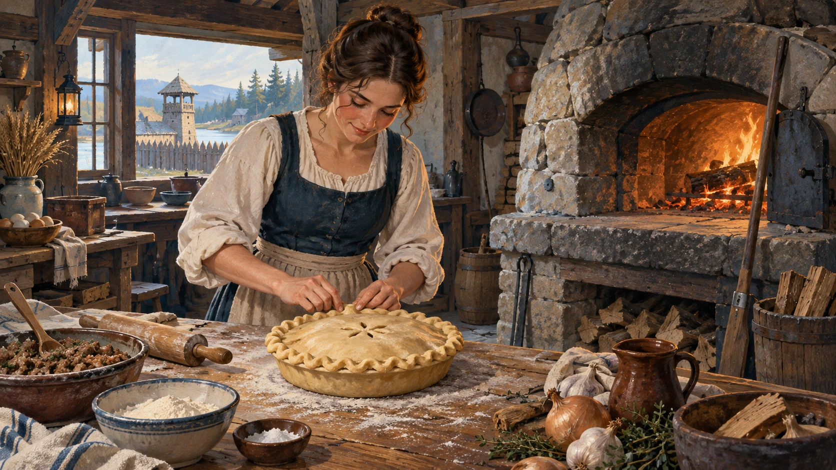 A baker crimping pastry edges on a double-crust tourtiere beside a historic stone bake oven.