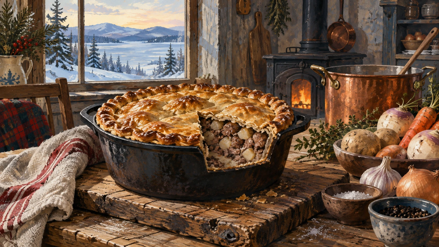 A heavy cast-iron Dutch oven filled with layered cubed meats and potatoes under a thick golden pastry crust.