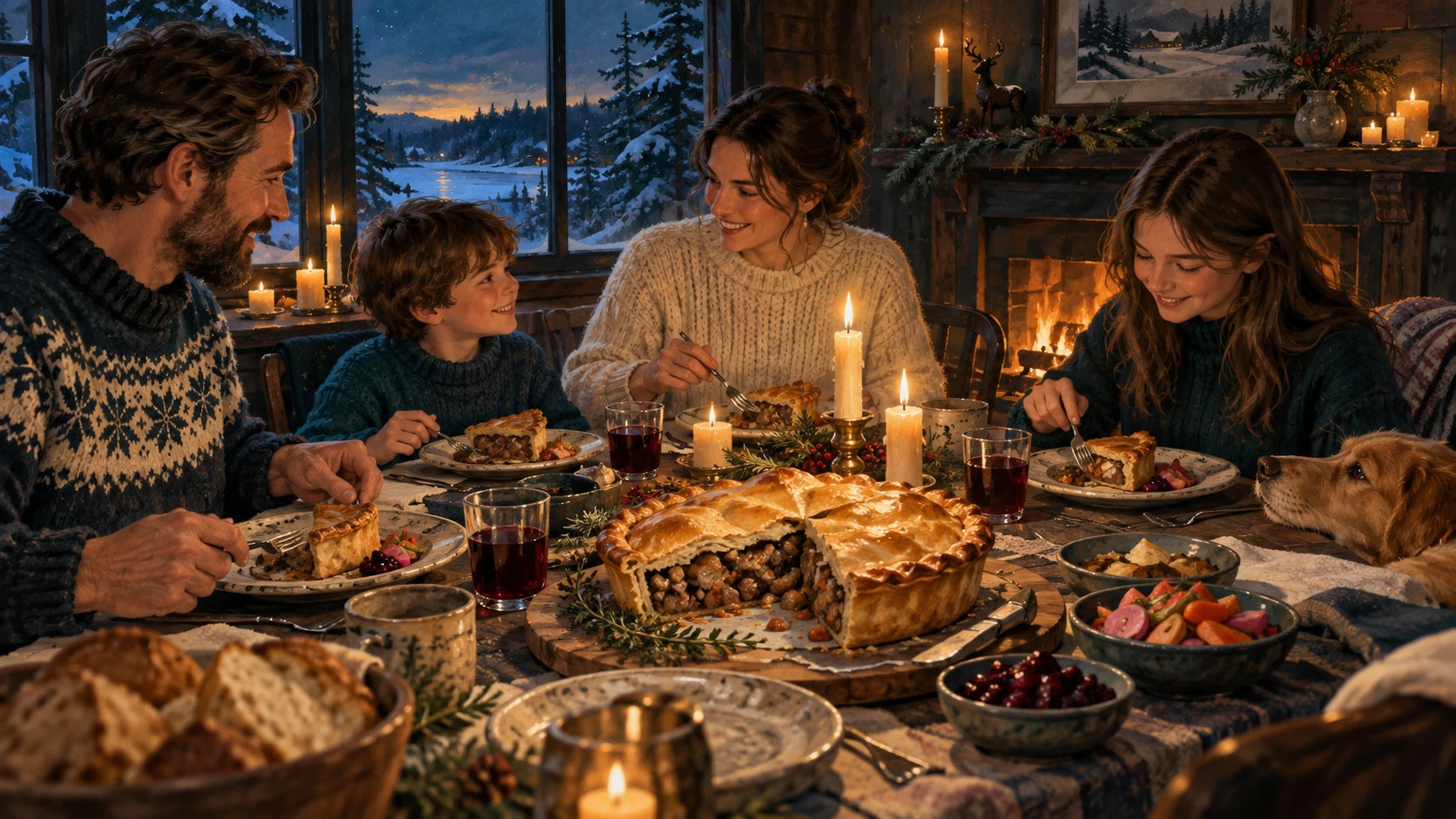 A sliced savory meat pie served on stoneware plates during a festive Canadian winter evening meal.