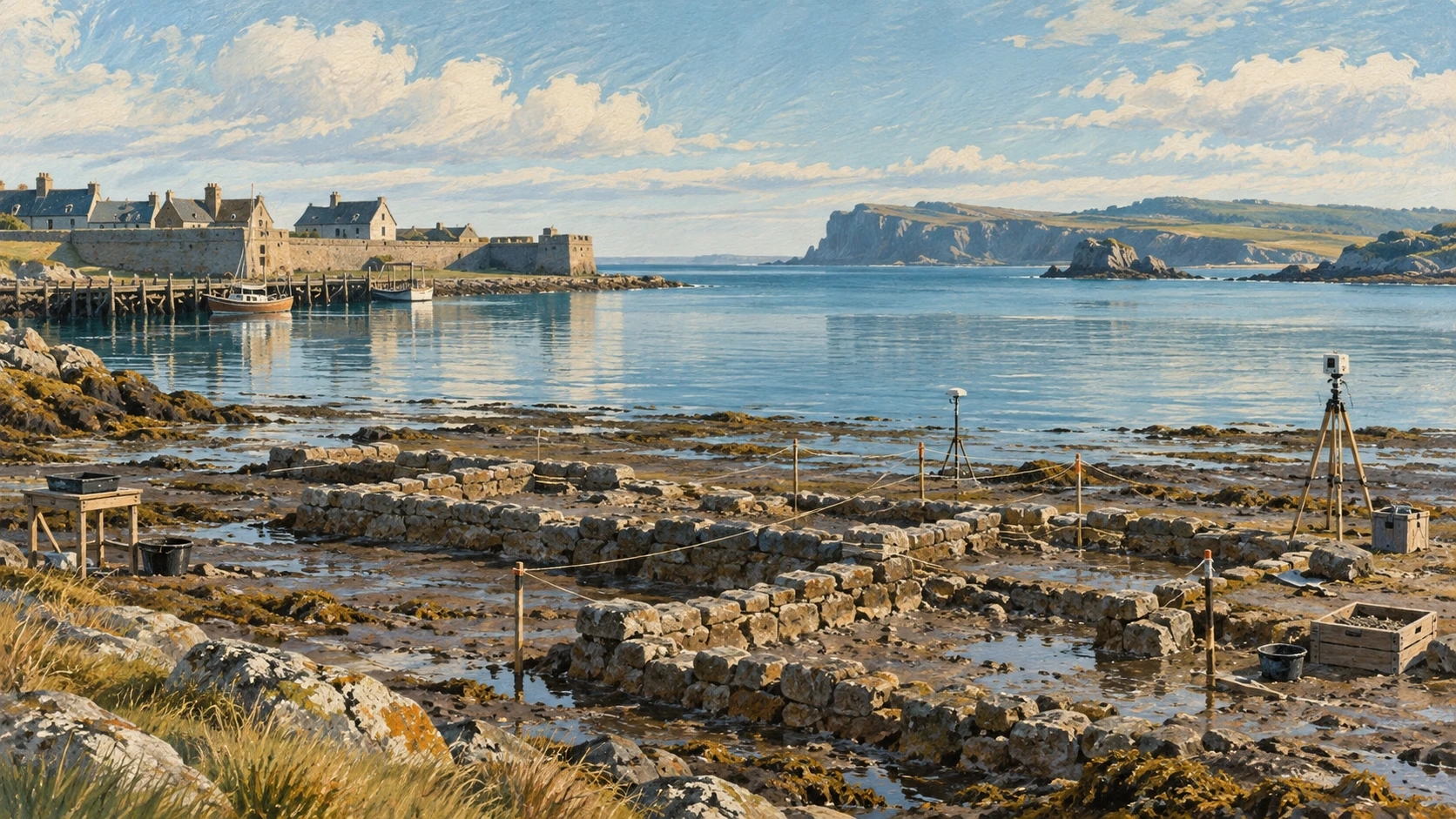The sheltered Louisbourg harbour waterfront and coastal archaeological survey zone.