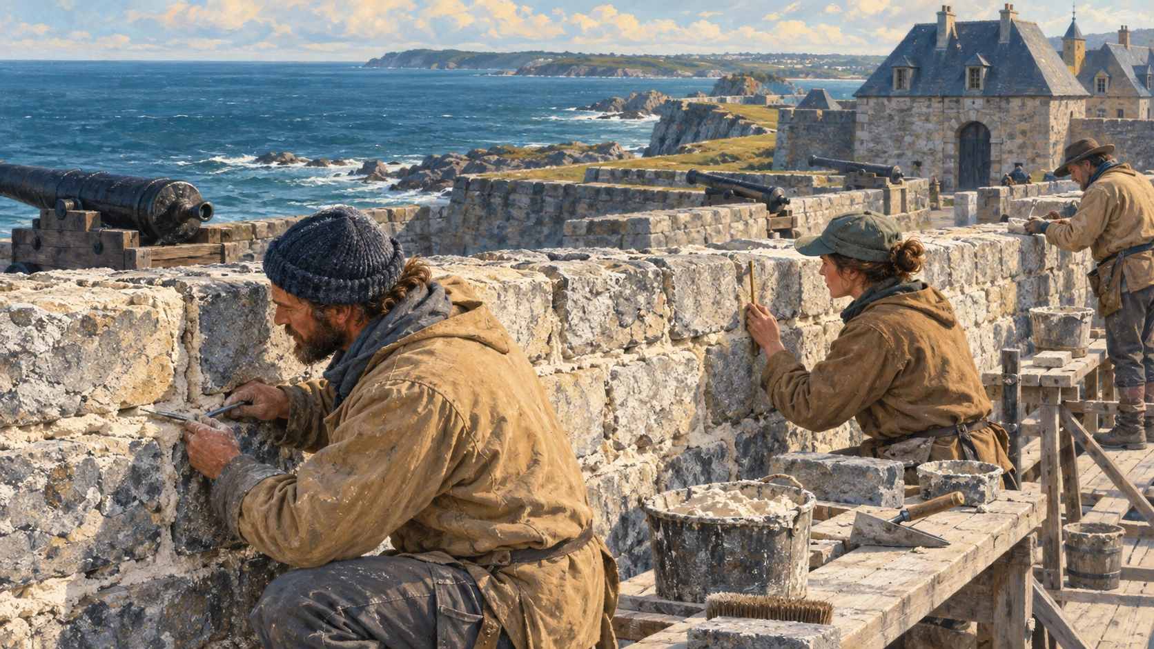 Heritage conservation masons inspecting historic stone walls at the fortress.