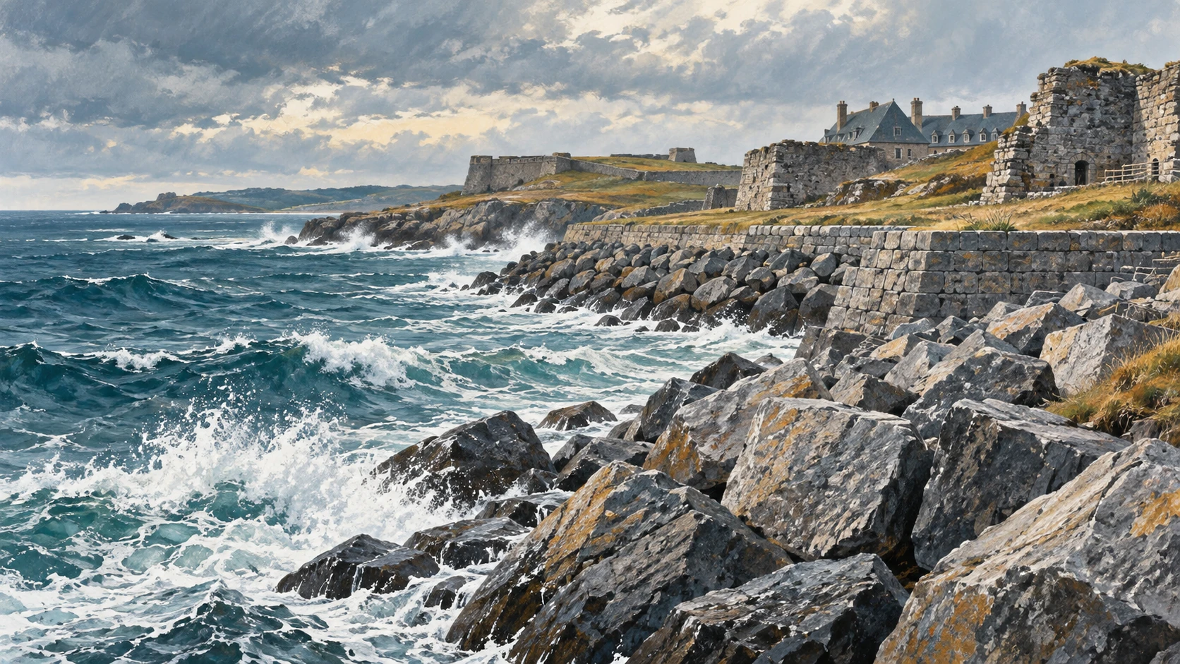Heavy protective granite rip-rap boulders along the exposed coastline.