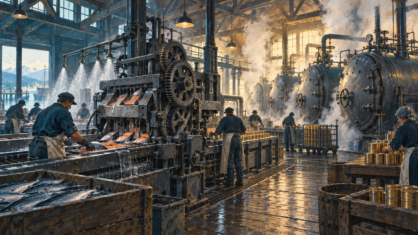 Massive industrial iron canning machinery and steam retorts along the cannery floor.