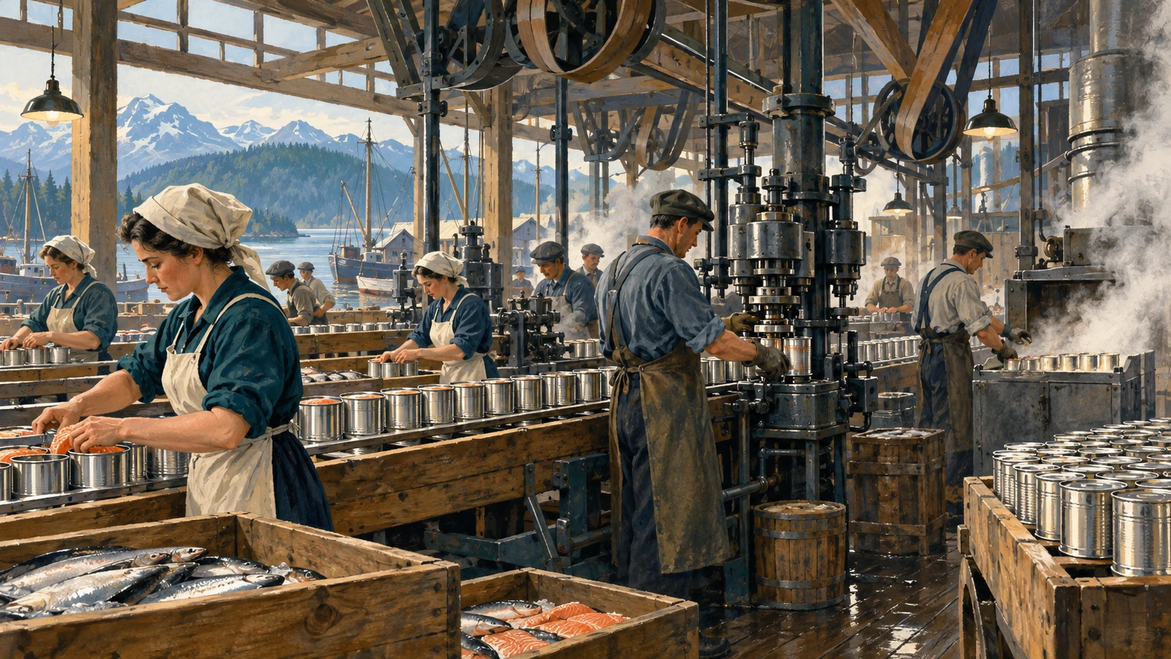 Lines of cylindrical tin cans moving along long wooden processing tables past double-seamers.
