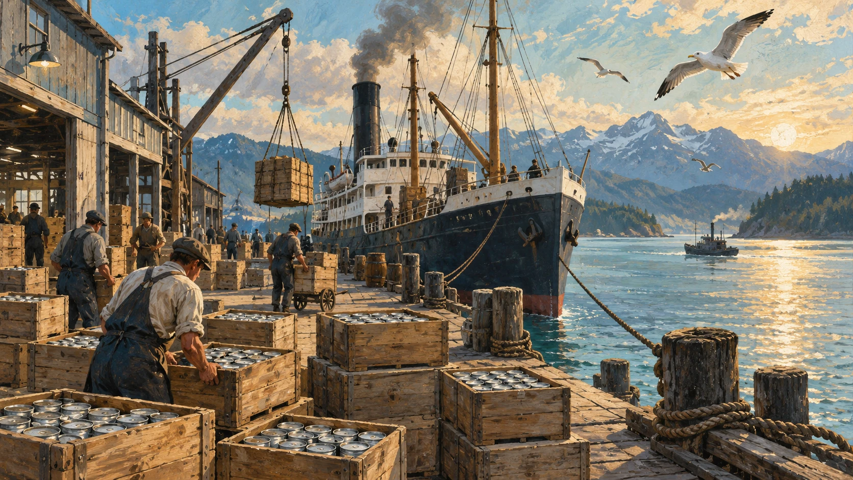 Stacked wooden shipping crates packed with canned salmon on the wharf beside a coastal cargo steamship.