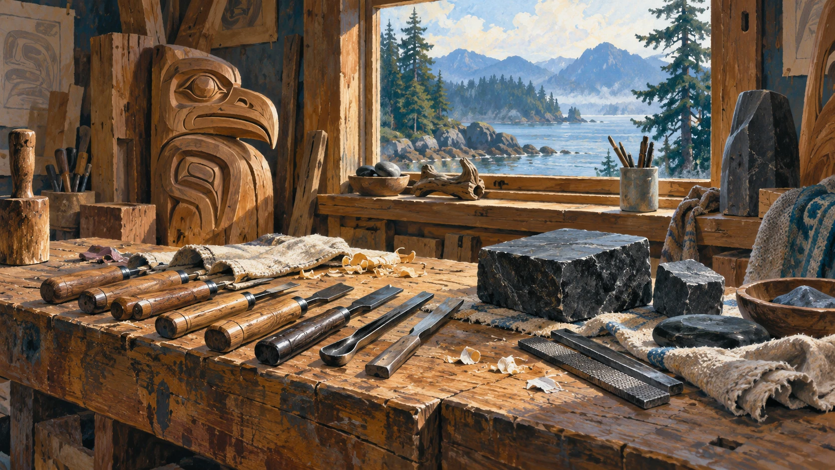 A carver's cedar workbench with hand steel chisels and raw black stone blocks.