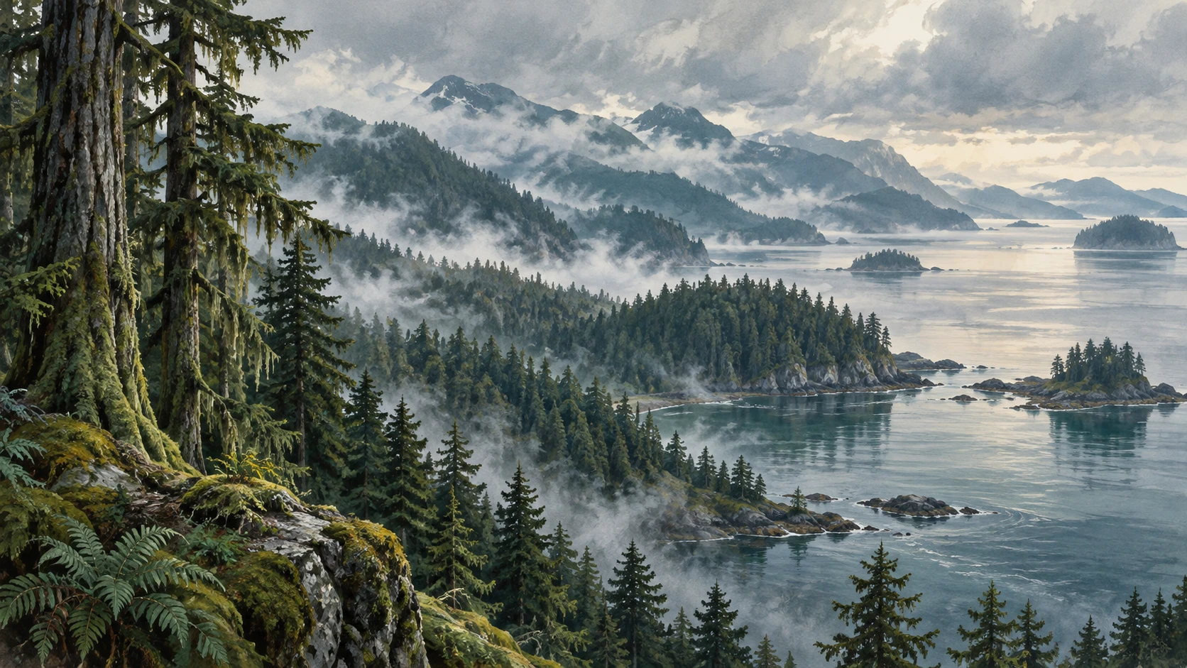 A wide scenic view of the misty rainforest landscape of Haida Gwaii.