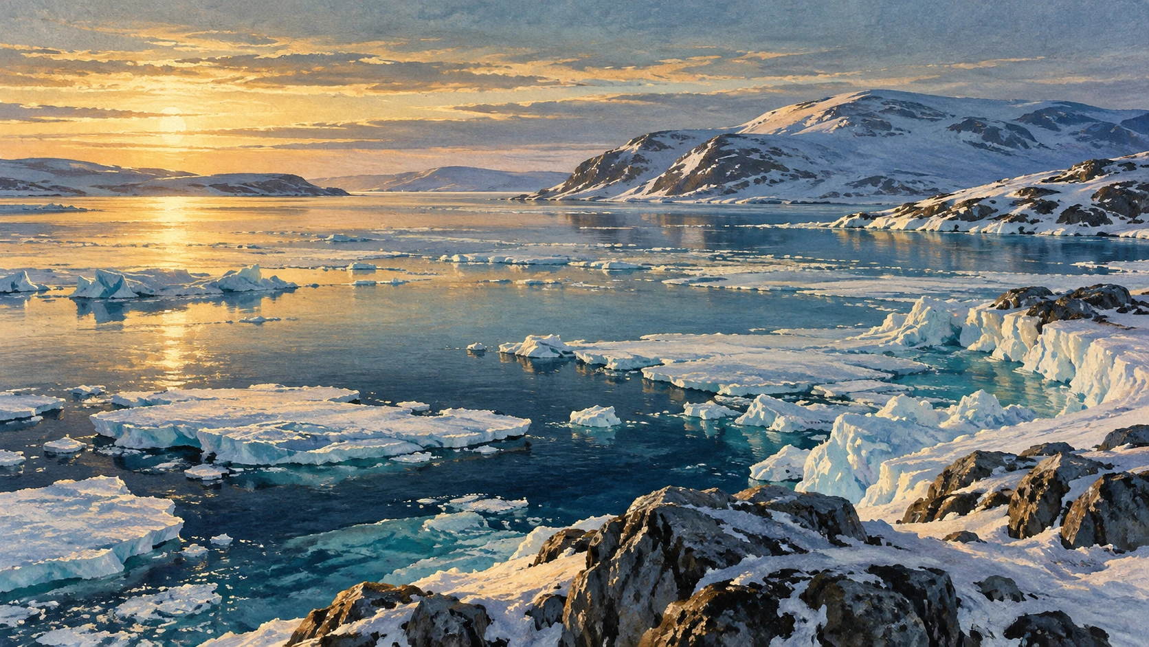 Wide scenic landscape illustration of Frobisher Bay pack ice during low solar illumination.