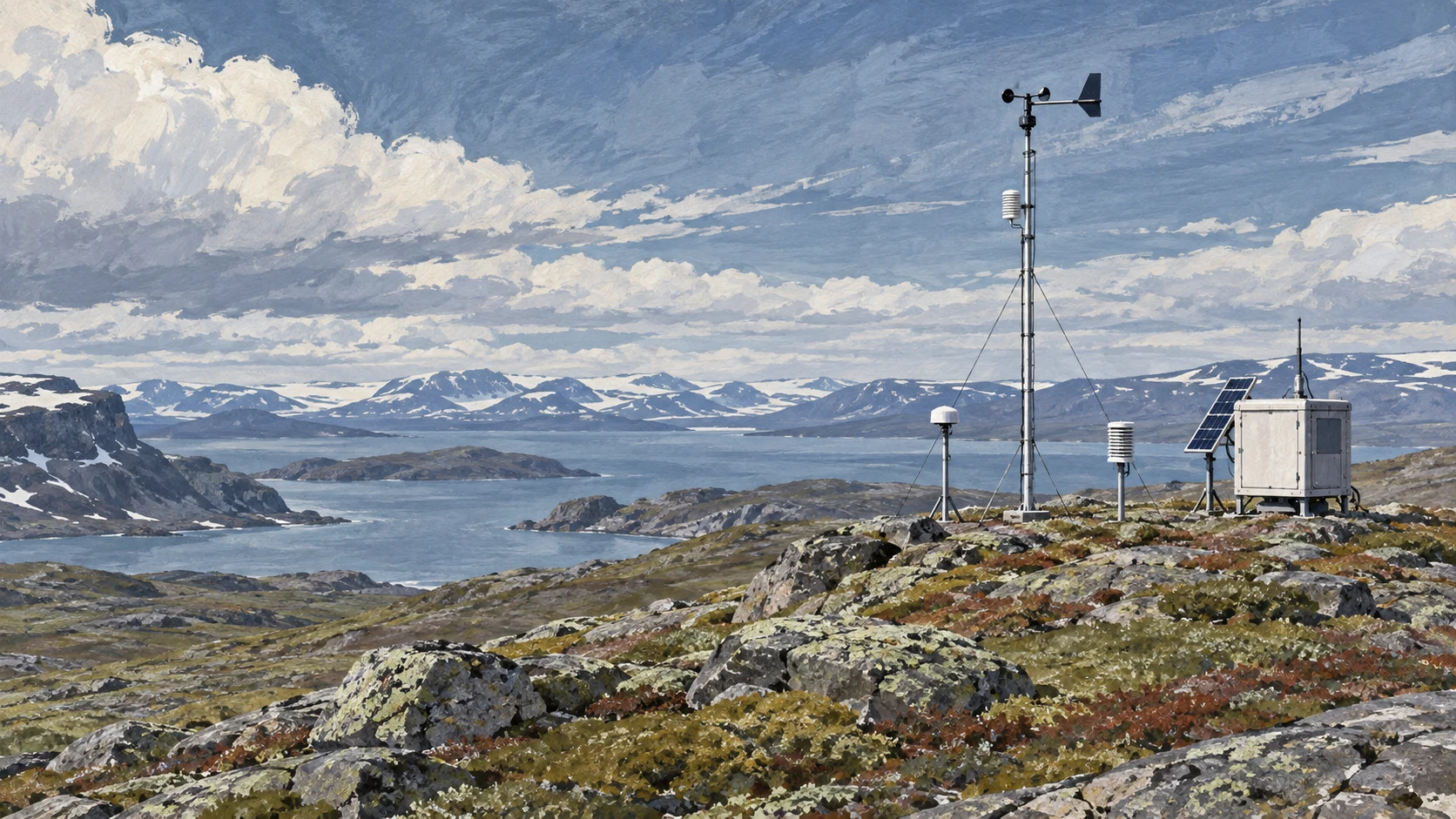 Wide landscape illustration of an arctic weather monitoring station on a rocky tundra ridge.