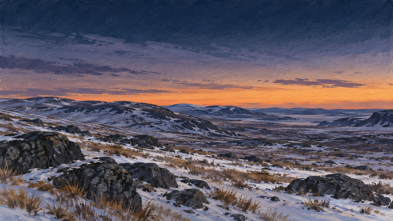 Wide atmospheric subarctic landscape of open tundra hills surrounding Iqaluit during civil twilight.