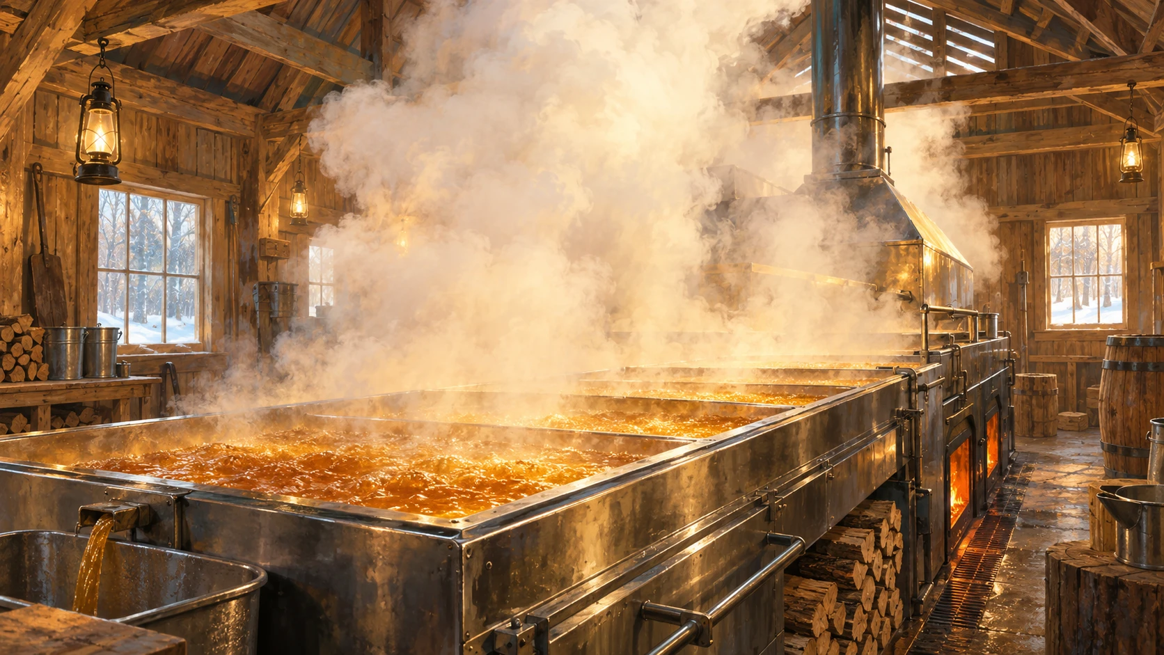 An interior view of a traditional sugarhouse with an industrial stainless steel evaporator boiling maple sap.