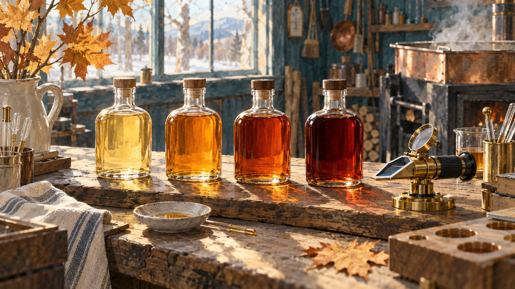 A workshop still-life showing the four distinct official colour grades of maple syrup in glass sample flasks.