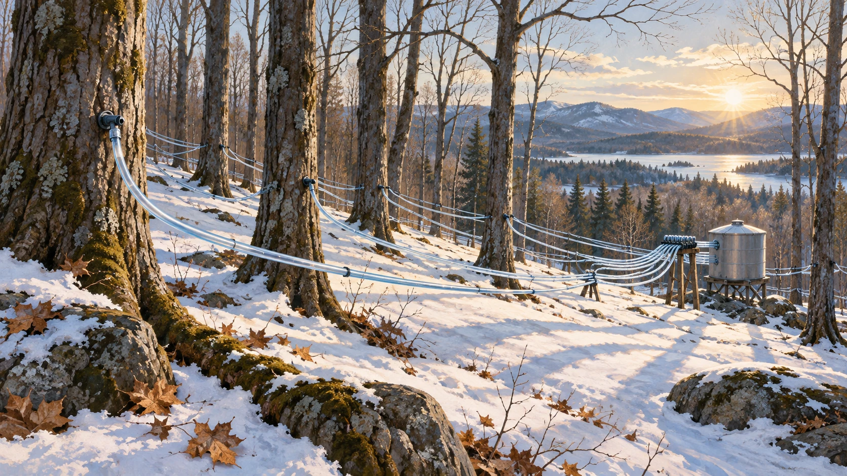 A wide scenic landscape of food-grade vacuum tubing lines running through a Canadian sugar bush.