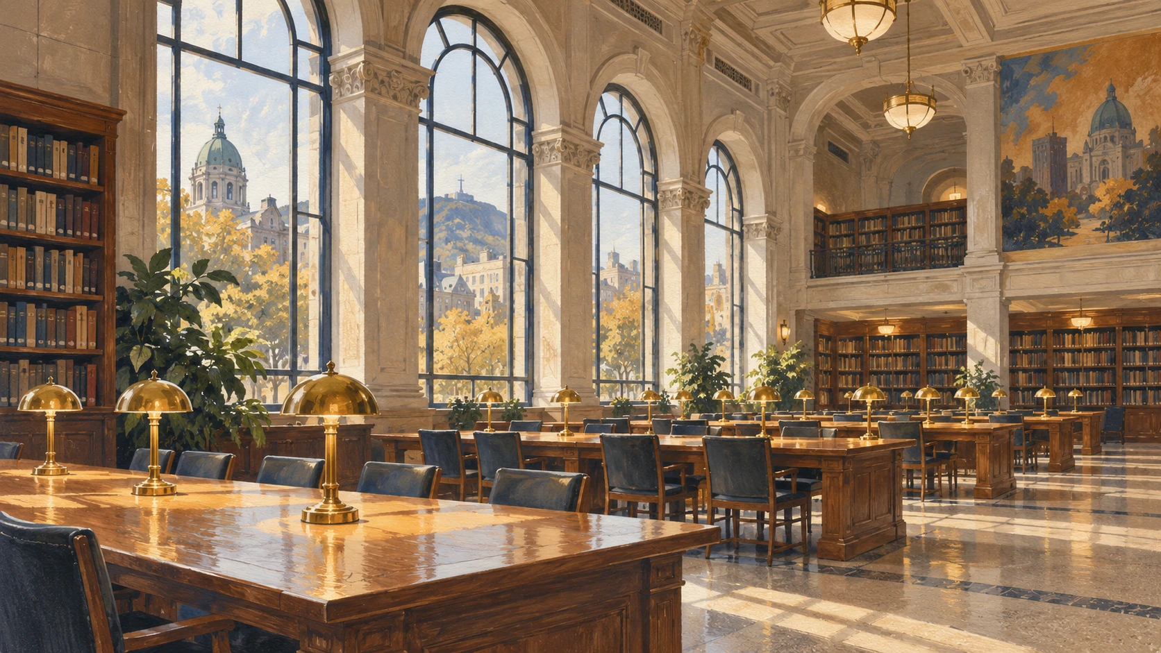 Wide interior view of a quiet municipal reading hall in Montréal with oak tables.