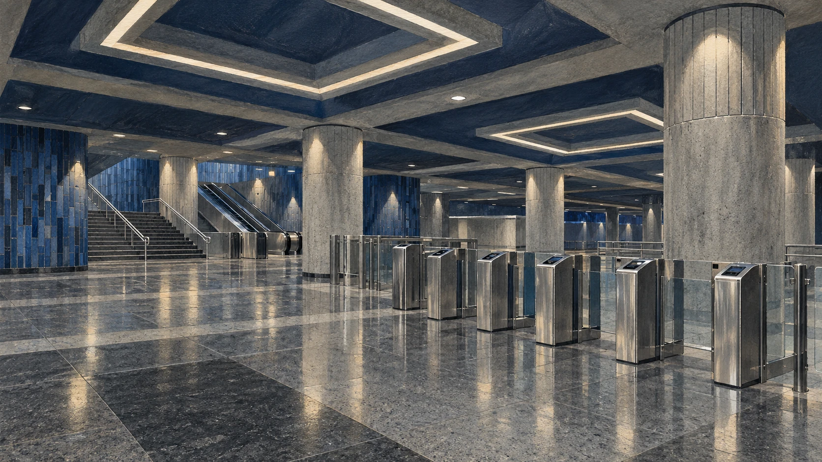 Wide architectural interior of an empty Montréal civic metro transit station concourse.