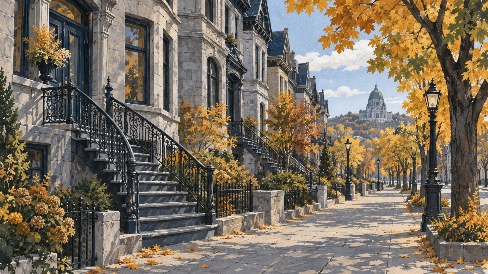 Wide streetscape illustration of a historic Montréal boulevard with greystone facades and maples.
