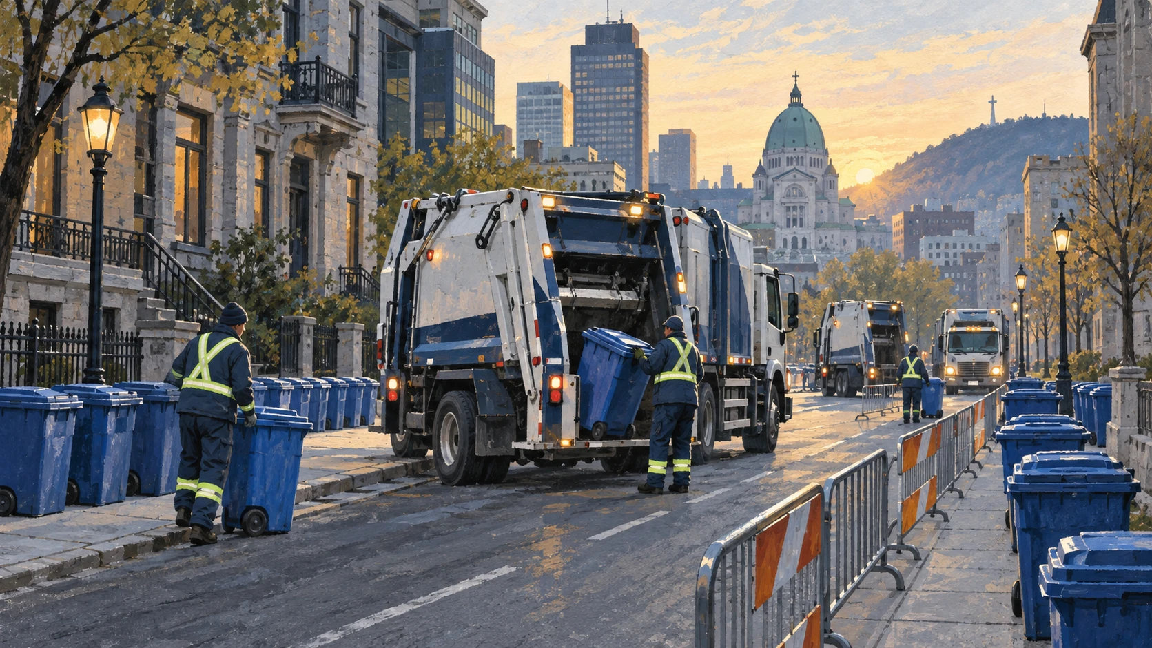 Municipal sanitation vehicles operating along a barricaded urban street in Montréal.