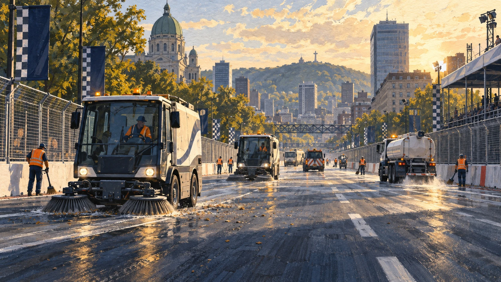 Mechanical street sweepers cleaning asphalt thoroughfares along a barricaded Montréal race course.