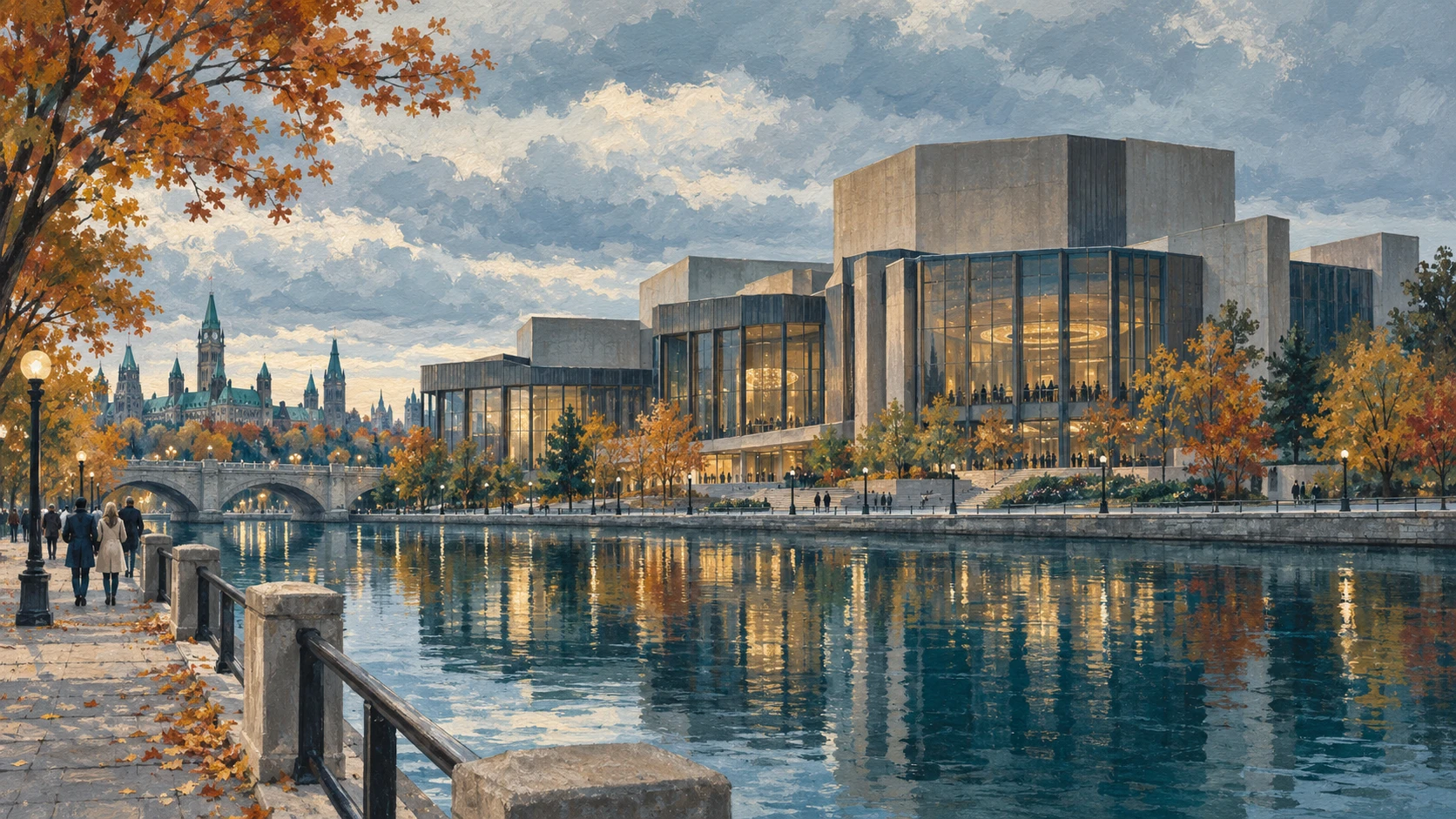Exterior architectural view of the National Arts Centre building along the Rideau Canal.