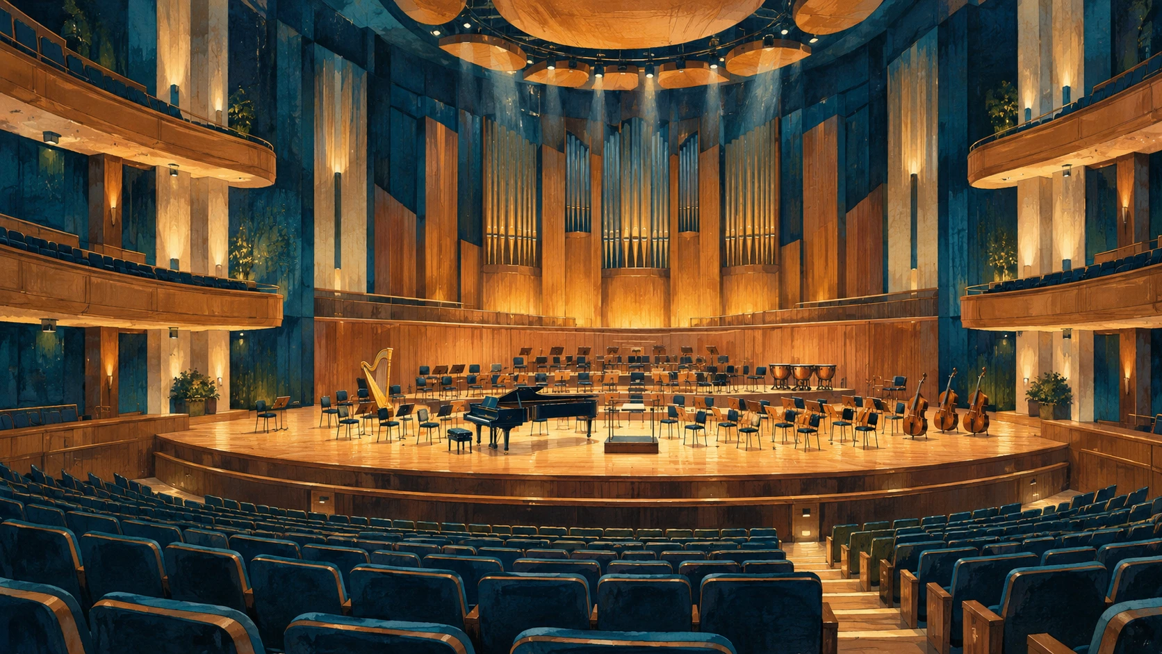 Atmospheric interior view of Southam Hall concert auditorium and orchestral stage.