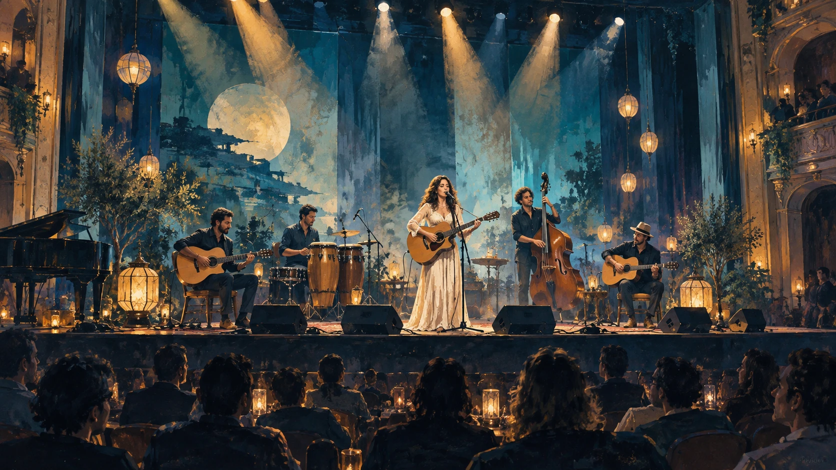 A contemporary music performance stage scene in an arts theatre.