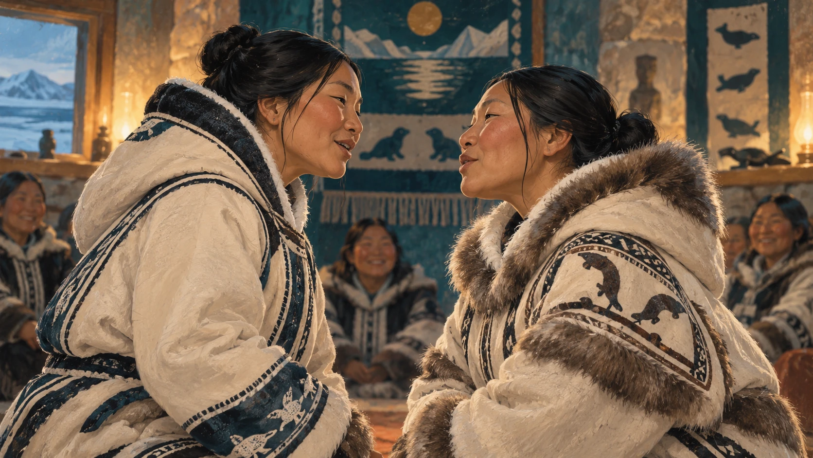Two Inuit women in traditional parkas facing each other in vocal harmony.