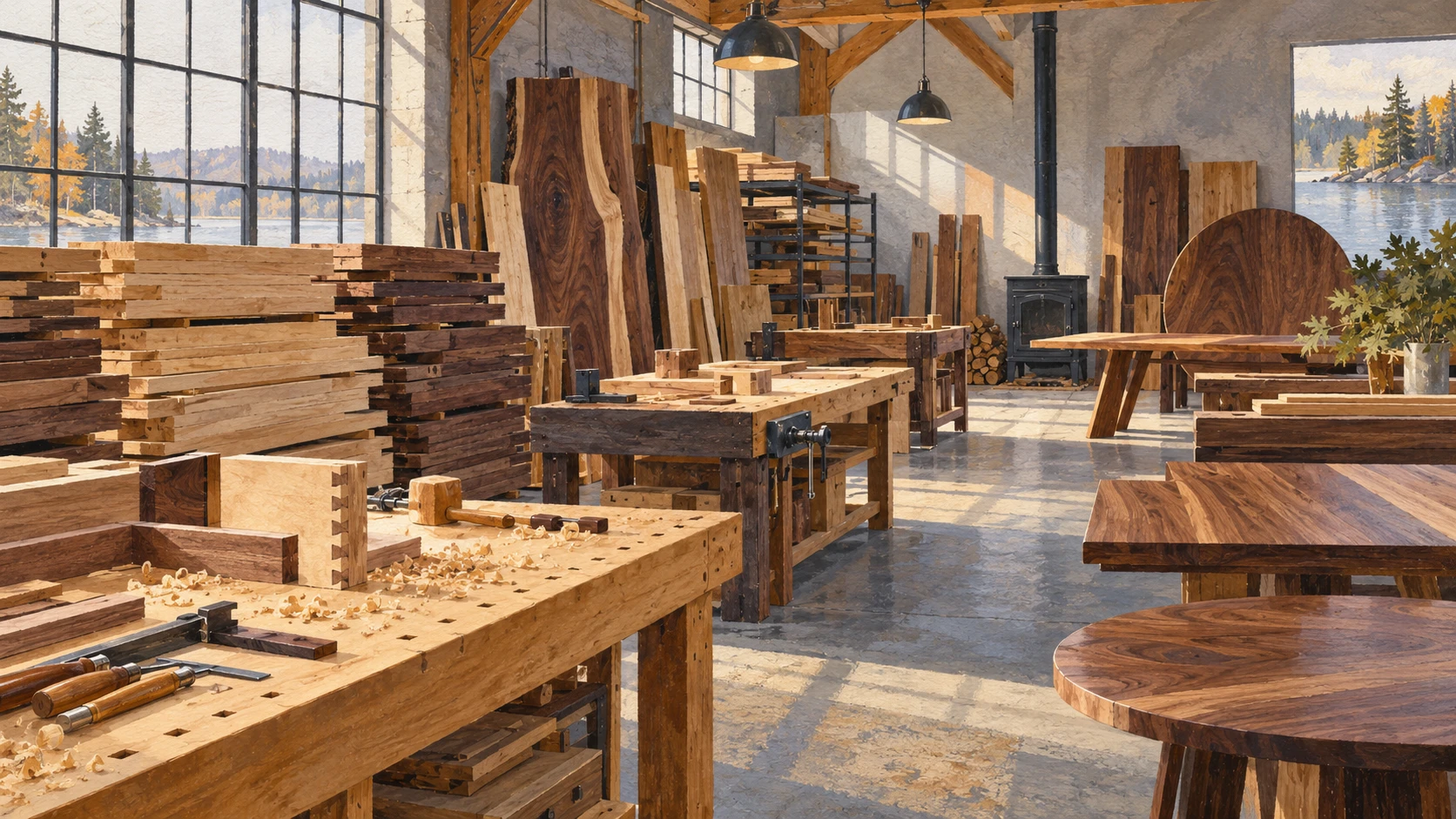 Wide interior architectural illustration of a downstream hardwood furniture workshop.