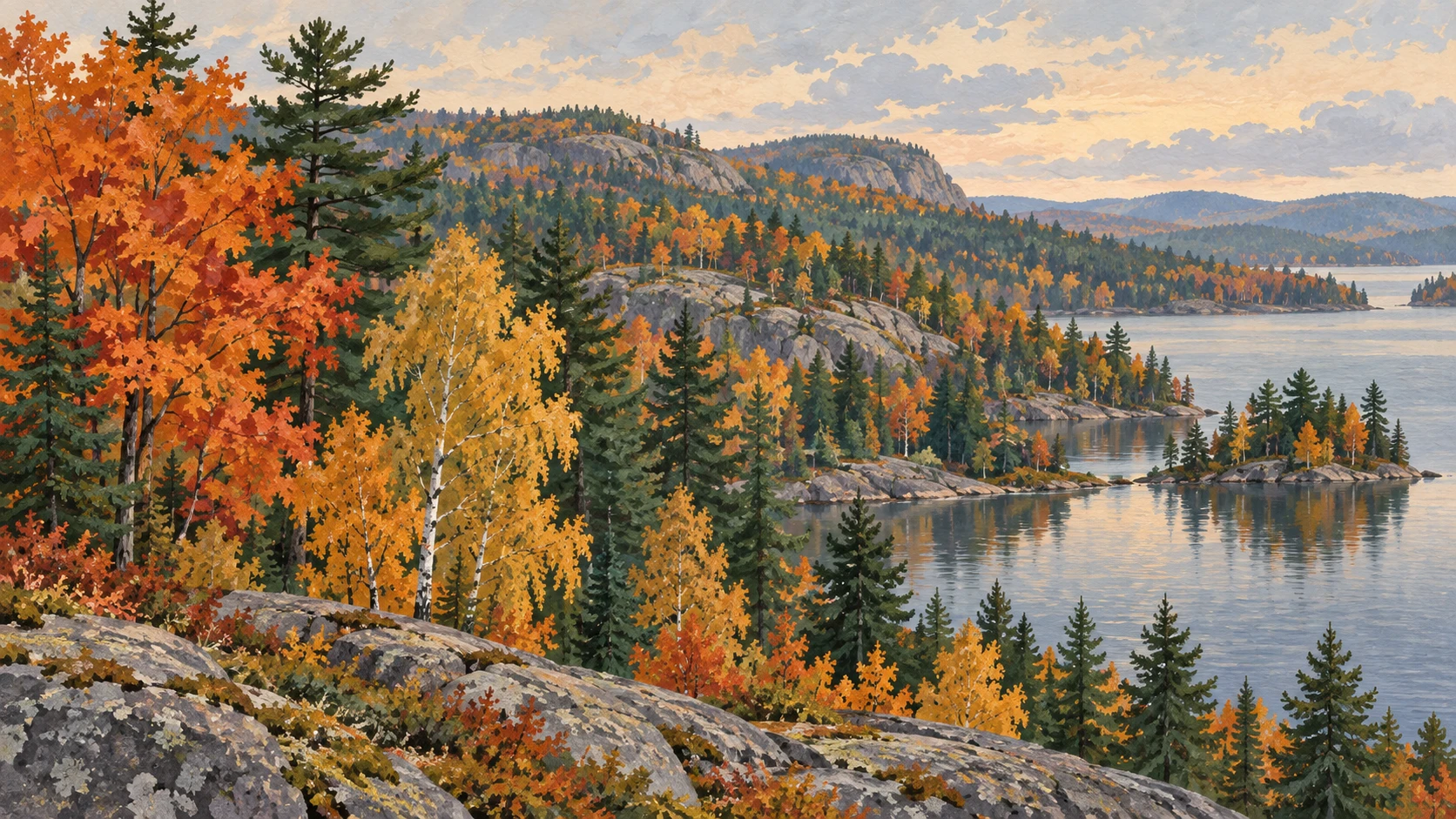 Wide landscape illustration of mixed Great Lakes-St. Lawrence forest in central Ontario.