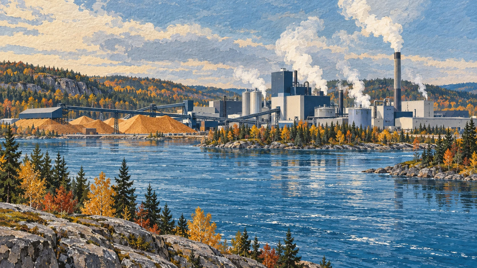Wide scenic landscape illustration of an industrial pulp and paper mill in northern Ontario.