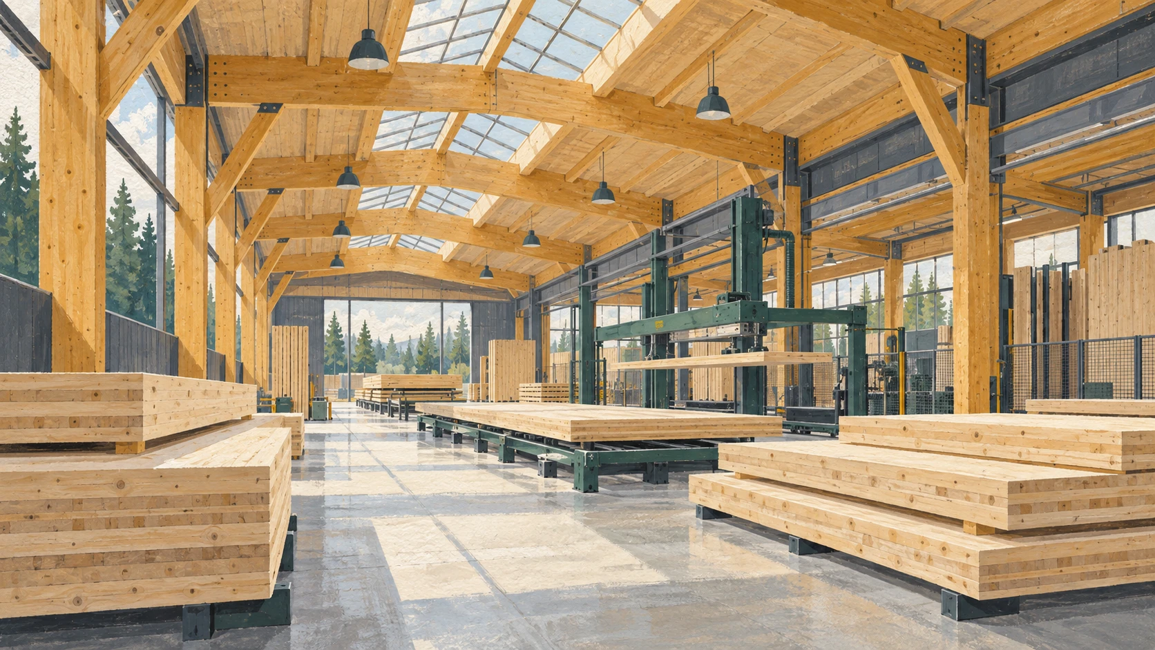 Wide architectural industrial illustration of an Ontario mass-timber manufacturing facility.